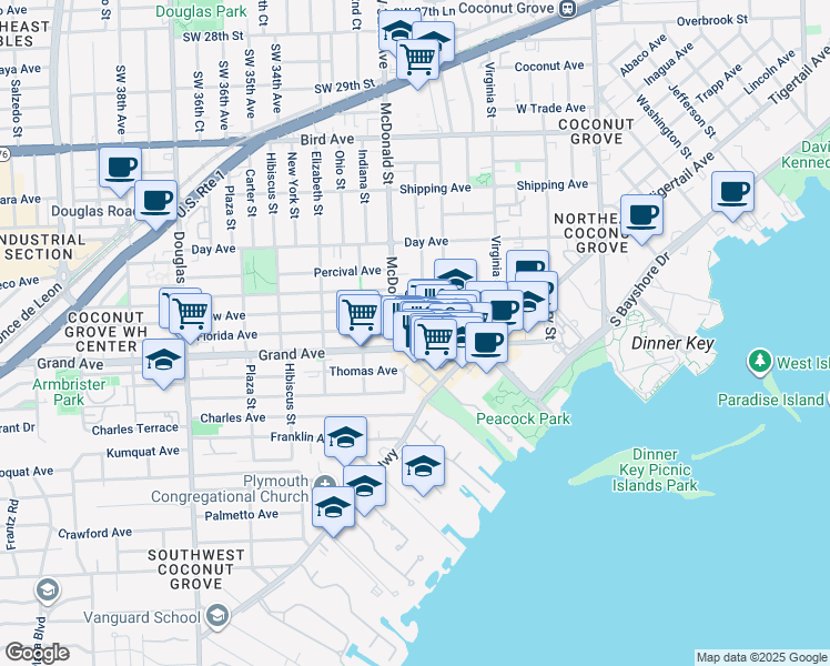 map of restaurants, bars, coffee shops, grocery stores, and more near 3140 Grand Avenue in Miami