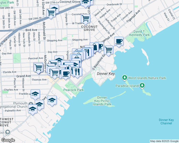 map of restaurants, bars, coffee shops, grocery stores, and more near 2750 South Bayshore Drive in Miami