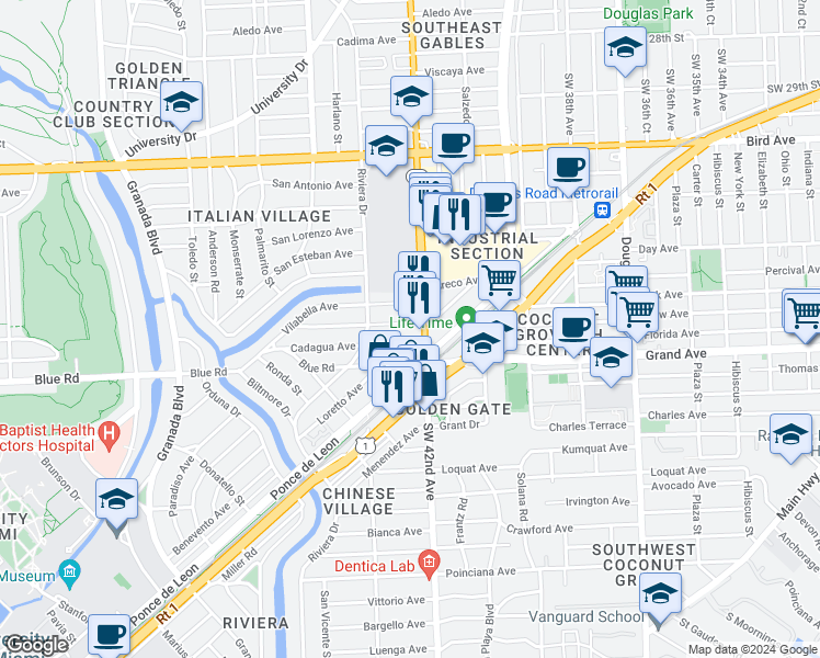 map of restaurants, bars, coffee shops, grocery stores, and more near 412 Alminar Avenue in Coral Gables