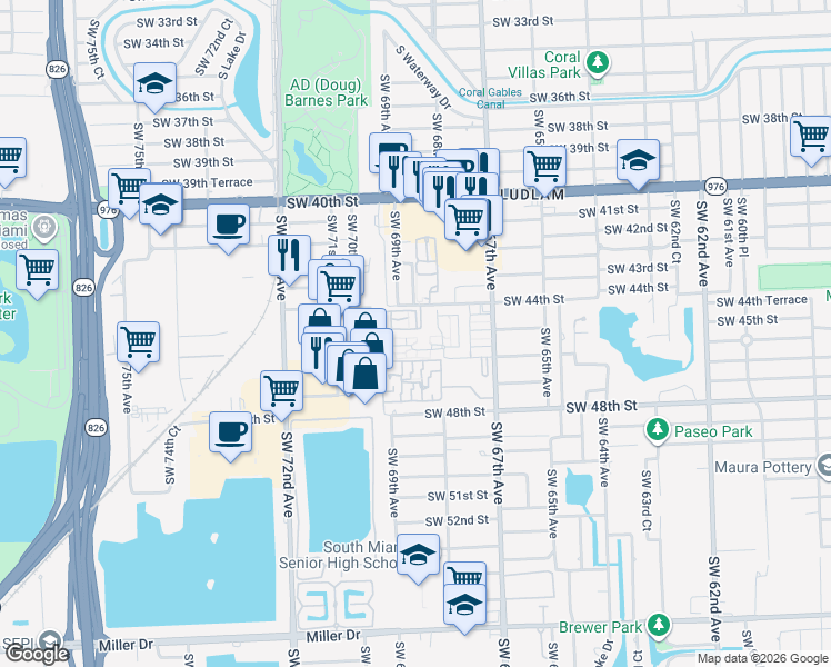 map of restaurants, bars, coffee shops, grocery stores, and more near 6880 Southwest 44th Street in Miami