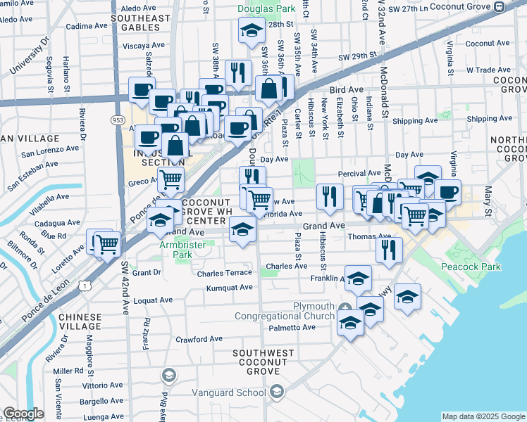 map of restaurants, bars, coffee shops, grocery stores, and more near 3673 Grand Avenue in Miami