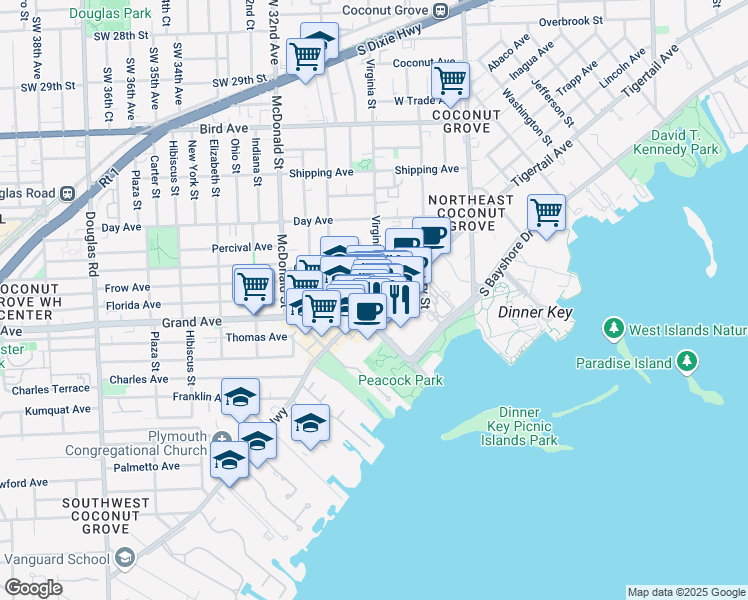 map of restaurants, bars, coffee shops, grocery stores, and more near 2982 Grand Avenue in Miami