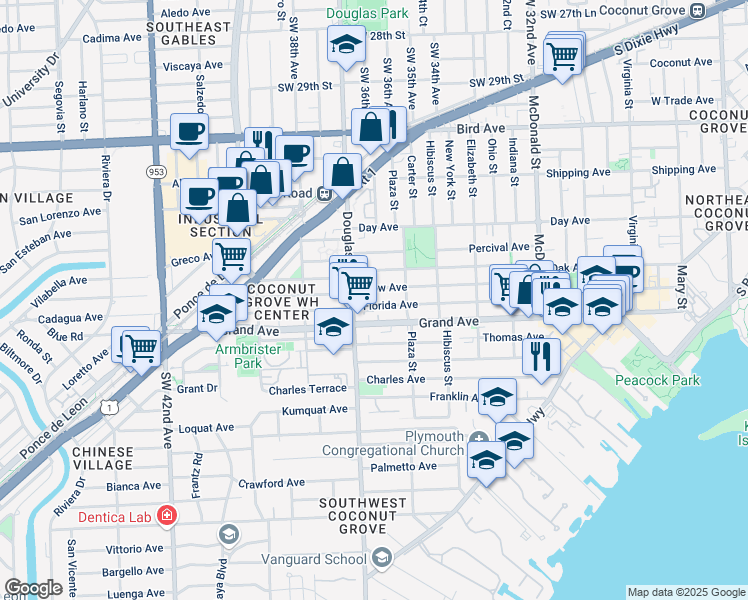 map of restaurants, bars, coffee shops, grocery stores, and more near 3655 Florida Avenue in Miami