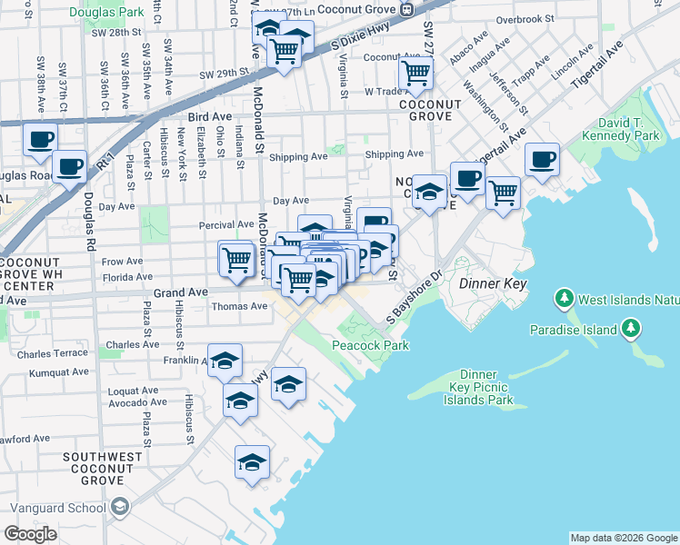 map of restaurants, bars, coffee shops, grocery stores, and more near 3350 Virginia Street in Miami