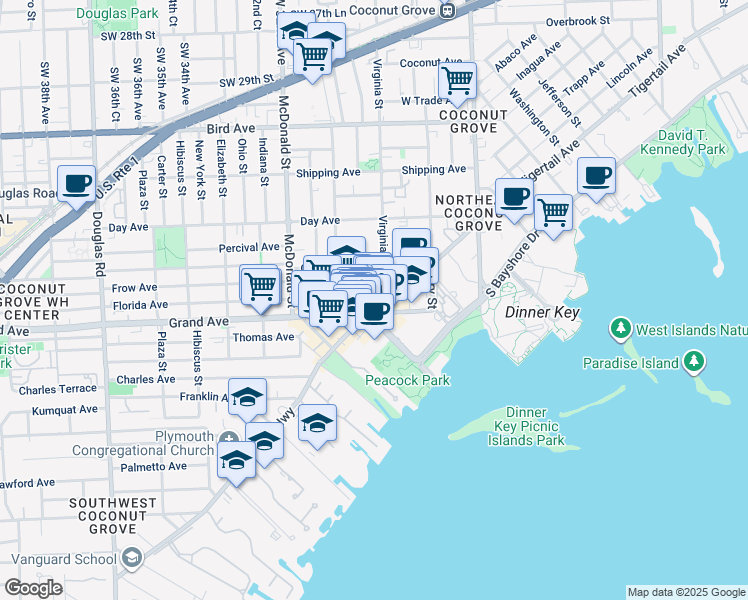 map of restaurants, bars, coffee shops, grocery stores, and more near 3350 Virginia Street in Miami