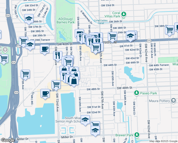 map of restaurants, bars, coffee shops, grocery stores, and more near 6835 Southwest 45th Lane in Miami