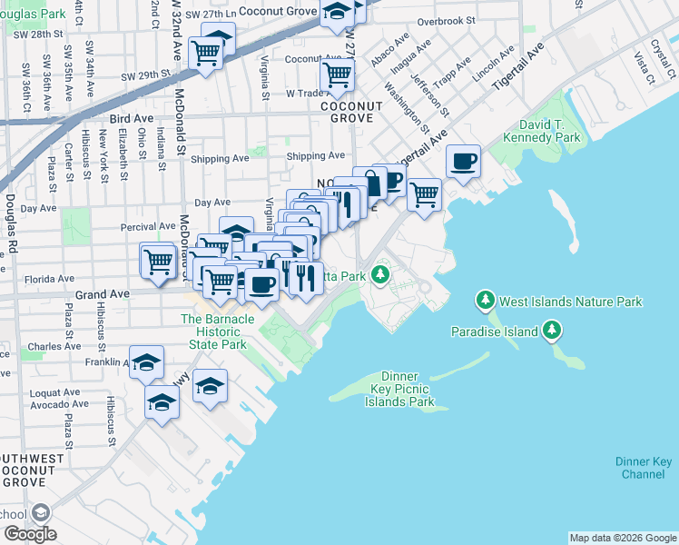 map of restaurants, bars, coffee shops, grocery stores, and more near 2750 South Bayshore Drive in Miami