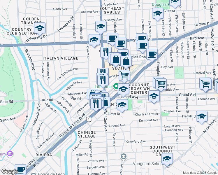 map of restaurants, bars, coffee shops, grocery stores, and more near 330 South Dixie Highway in Coral Gables
