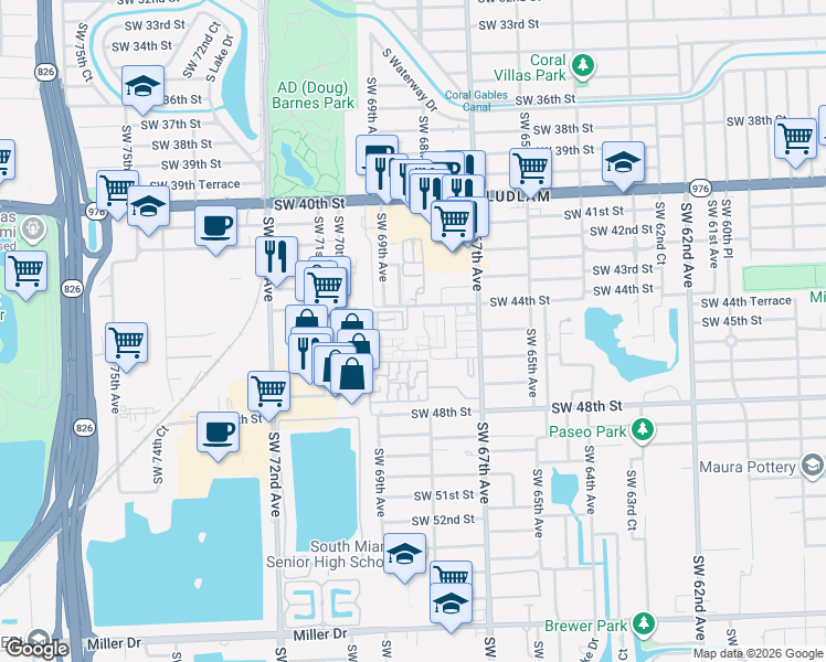 map of restaurants, bars, coffee shops, grocery stores, and more near 6835 Southwest 45th Lane in Miami