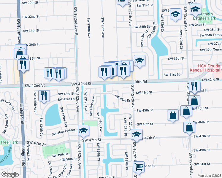 map of restaurants, bars, coffee shops, grocery stores, and more near 12840 Southwest 43rd Drive in Miami