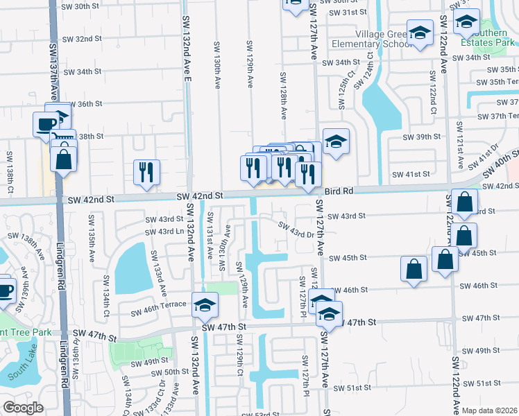 map of restaurants, bars, coffee shops, grocery stores, and more near 12840 Southwest 43rd Drive in Miami