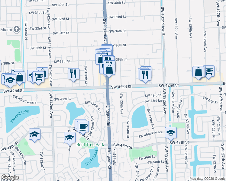 map of restaurants, bars, coffee shops, grocery stores, and more near 4225 Southwest 136th Place in Miami