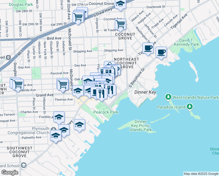 map of restaurants, bars, coffee shops, grocery stores, and more near 3450 Mary Street in Miami