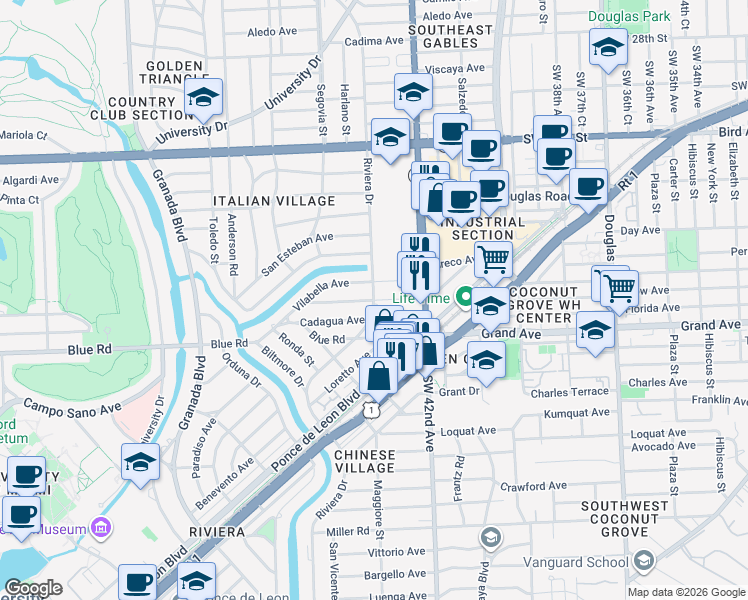 map of restaurants, bars, coffee shops, grocery stores, and more near 4699 Riviera Drive in Coral Gables