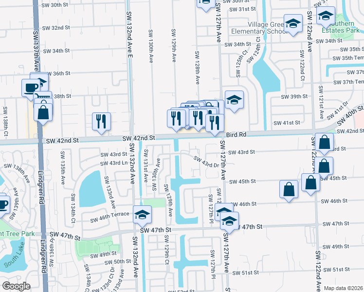 map of restaurants, bars, coffee shops, grocery stores, and more near 12841 Southwest 43rd Drive in Miami