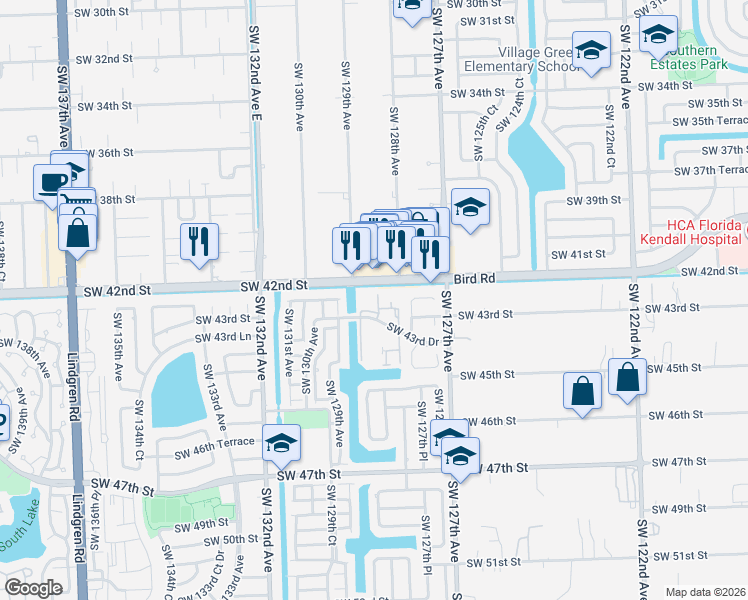 map of restaurants, bars, coffee shops, grocery stores, and more near 12841 Southwest 43rd Drive in Miami