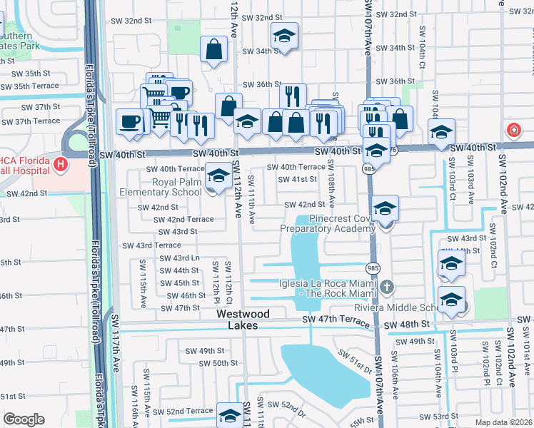 map of restaurants, bars, coffee shops, grocery stores, and more near 4155 Southwest 111th Avenue in Miami