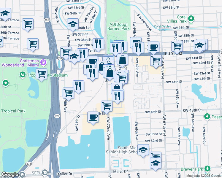 map of restaurants, bars, coffee shops, grocery stores, and more near 4545 Southwest 72nd Avenue in Miami
