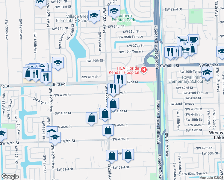 map of restaurants, bars, coffee shops, grocery stores, and more near 12121 Southwest 43rd Street in Miami