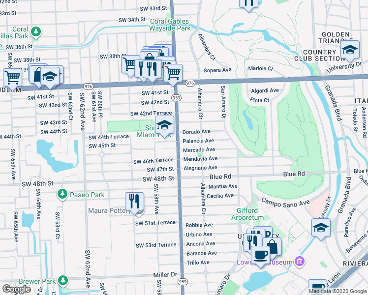 map of restaurants, bars, coffee shops, grocery stores, and more near 1541 Palancia Avenue in Coral Gables