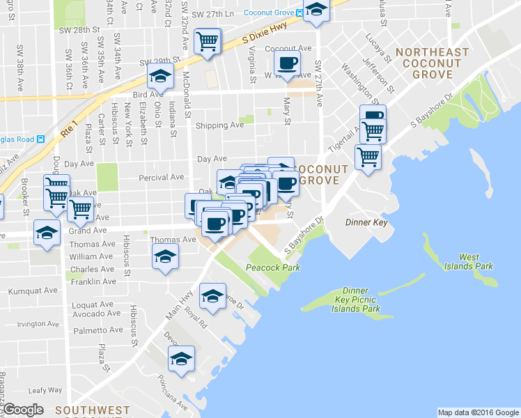 map of restaurants, bars, coffee shops, grocery stores, and more near 3339 Virginia Street in Miami