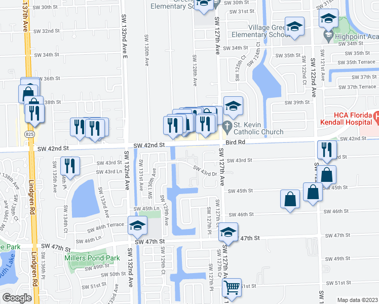 map of restaurants, bars, coffee shops, grocery stores, and more near 12863 Southwest 42nd Street in Miami