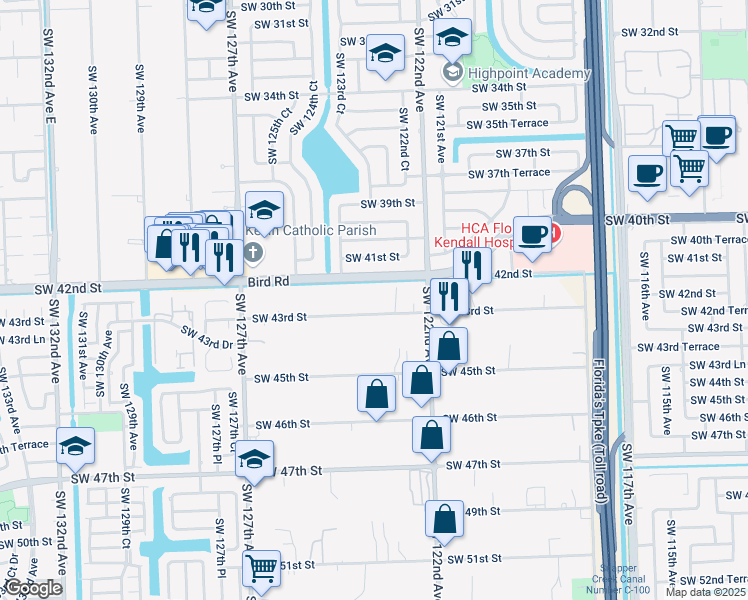 map of restaurants, bars, coffee shops, grocery stores, and more near 12315 Southwest 43rd Street in Miami