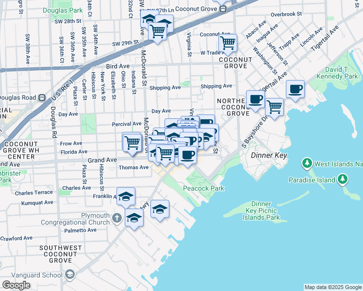 map of restaurants, bars, coffee shops, grocery stores, and more near 3034 Oak Avenue in Miami