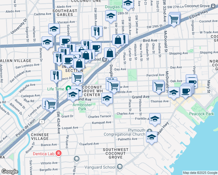 map of restaurants, bars, coffee shops, grocery stores, and more near 3735 Oak Avenue in Miami