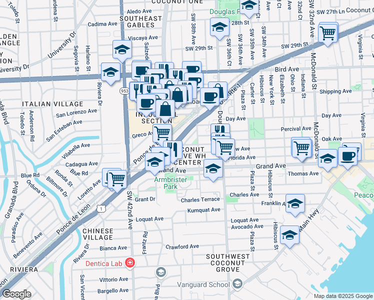 map of restaurants, bars, coffee shops, grocery stores, and more near 101 Oak Avenue in Coral Gables