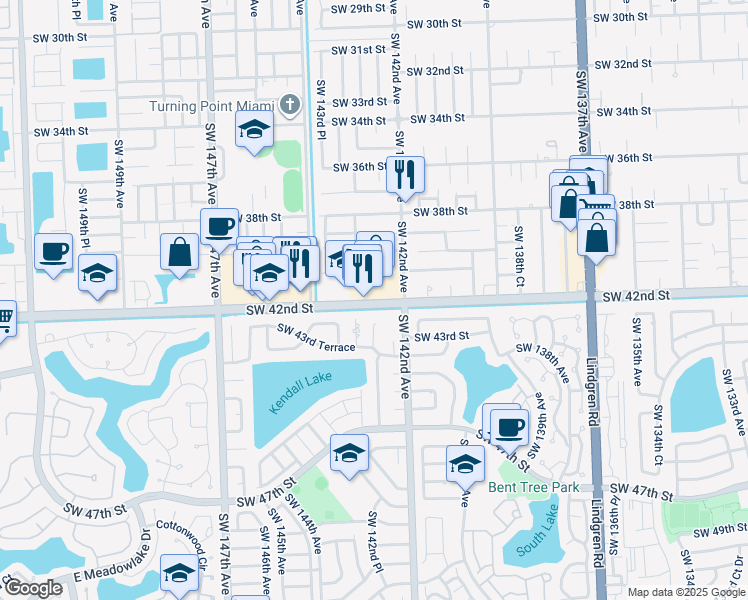 map of restaurants, bars, coffee shops, grocery stores, and more near 14269 Southwest 42nd Street in Miami