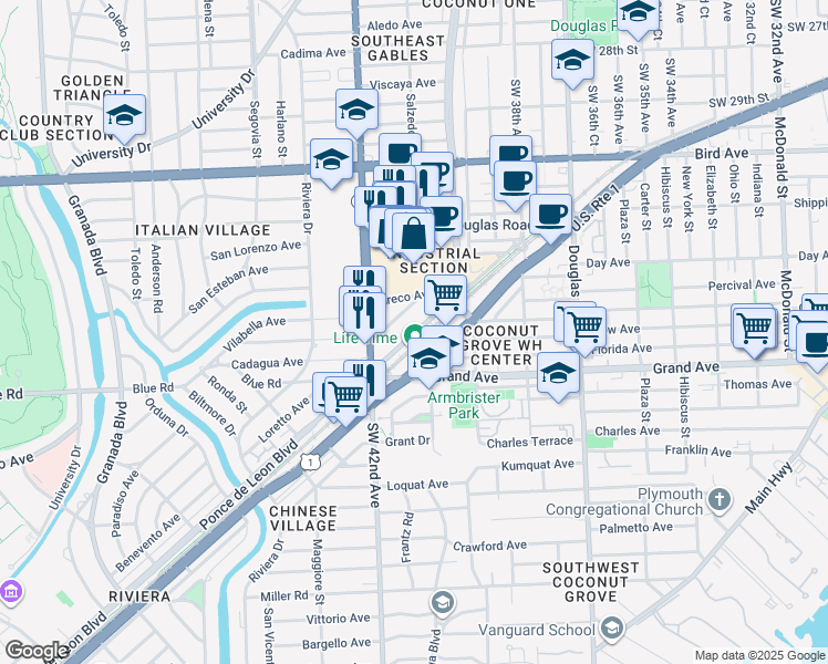 map of restaurants, bars, coffee shops, grocery stores, and more near 225 South Dixie Highway in Coral Gables