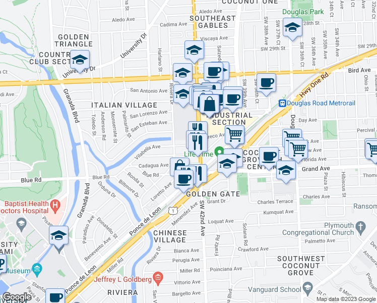 map of restaurants, bars, coffee shops, grocery stores, and more near 425 Alminar Avenue in Coral Gables