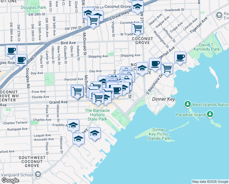 map of restaurants, bars, coffee shops, grocery stores, and more near 122 Virginia Street in Miami