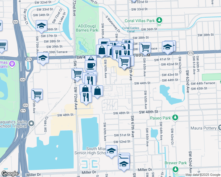 map of restaurants, bars, coffee shops, grocery stores, and more near 6880 Southwest 44th Street in Miami