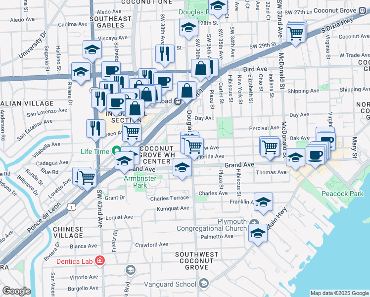 map of restaurants, bars, coffee shops, grocery stores, and more near 3735 Oak Avenue in Miami