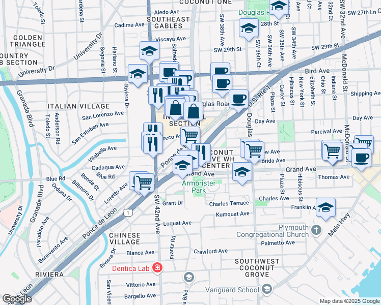 map of restaurants, bars, coffee shops, grocery stores, and more near 4520 Ponce de Leon Boulevard in Coral Gables