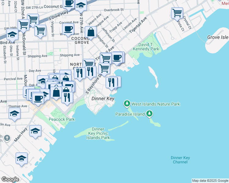 map of restaurants, bars, coffee shops, grocery stores, and more near 3377 Charthouse Drive in Miami
