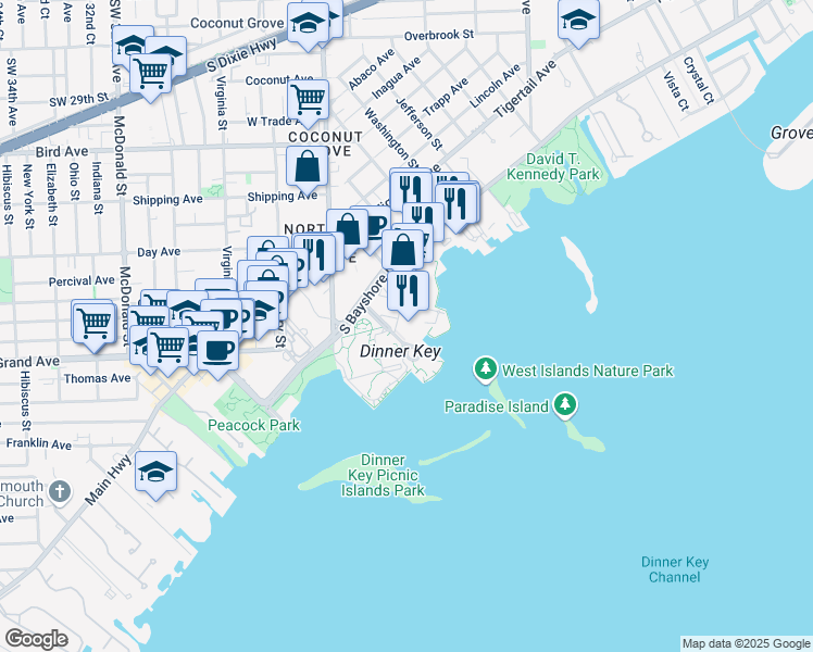 map of restaurants, bars, coffee shops, grocery stores, and more near 3385 Pan American Drive in Miami