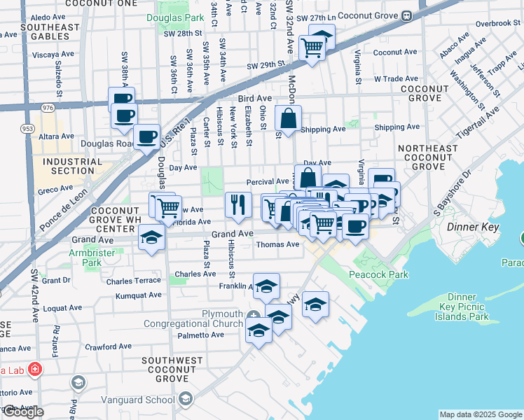 map of restaurants, bars, coffee shops, grocery stores, and more near 3301 Frow Avenue in Miami