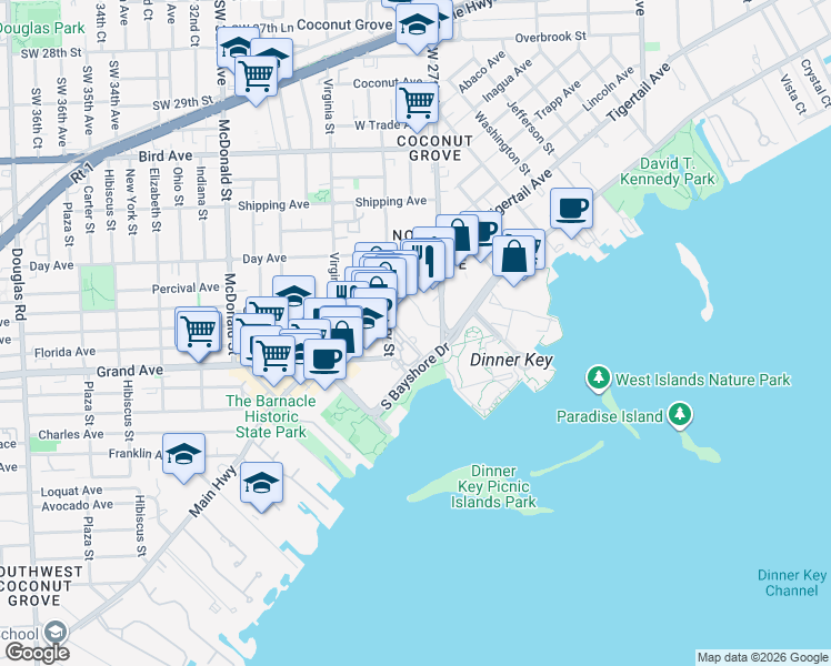 map of restaurants, bars, coffee shops, grocery stores, and more near 3400 Southwest 27th Avenue in Miami