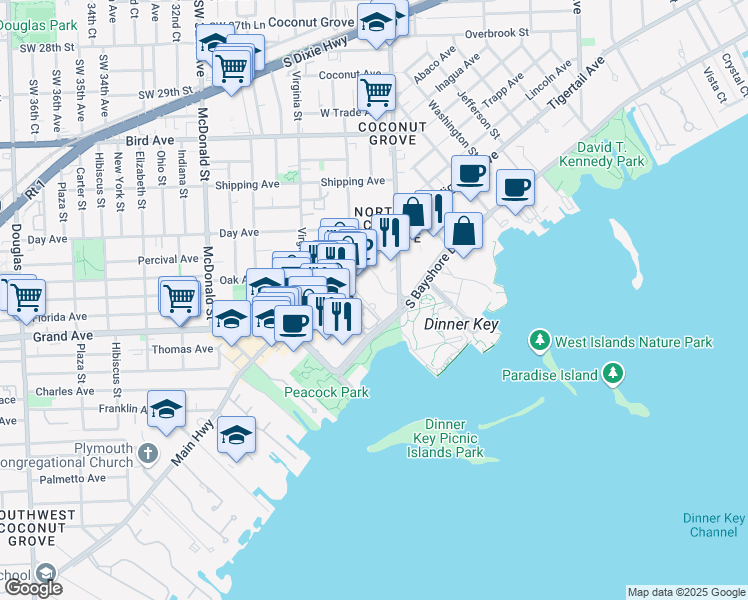 map of restaurants, bars, coffee shops, grocery stores, and more near 3400 Southwest 27th Avenue in Miami
