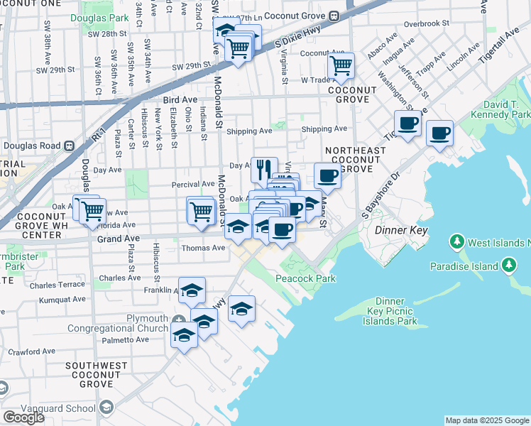 map of restaurants, bars, coffee shops, grocery stores, and more near 3034 Oak Avenue in Miami