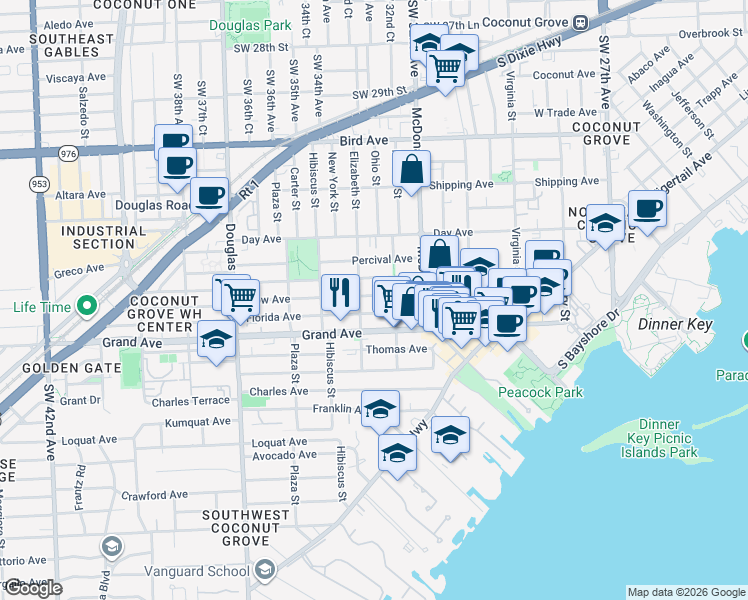 map of restaurants, bars, coffee shops, grocery stores, and more near 3301 Frow Avenue in Miami