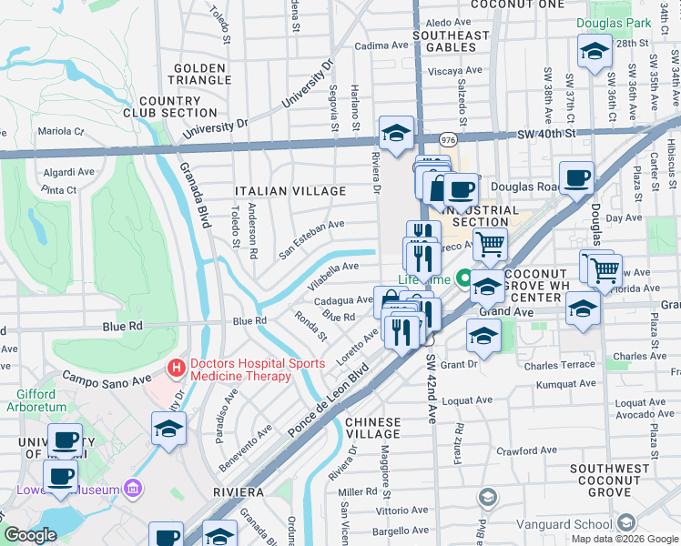 map of restaurants, bars, coffee shops, grocery stores, and more near 601 Vilabella Avenue in Coral Gables