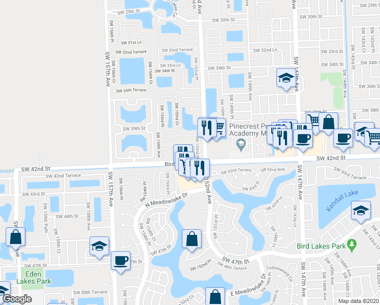 map of restaurants, bars, coffee shops, grocery stores, and more near 15261 Southwest 41st Terrace in Miami