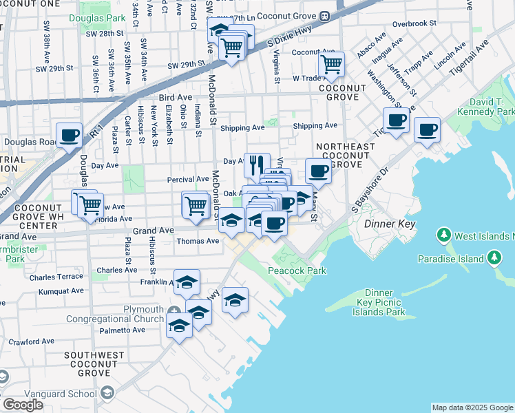 map of restaurants, bars, coffee shops, grocery stores, and more near 3351 Matilda Street in Miami