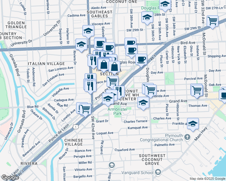 map of restaurants, bars, coffee shops, grocery stores, and more near 4520 Ponce de Leon Boulevard in Coral Gables