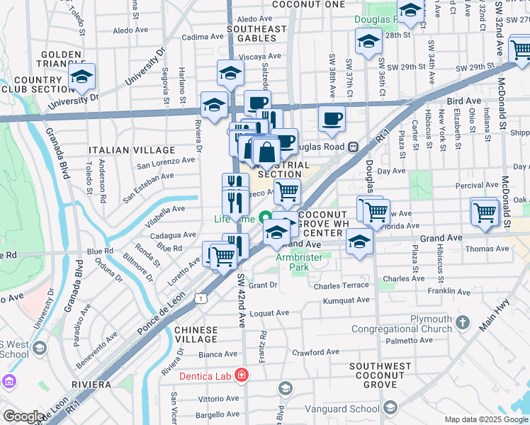 map of restaurants, bars, coffee shops, grocery stores, and more near 306 Granello Avenue in Coral Gables