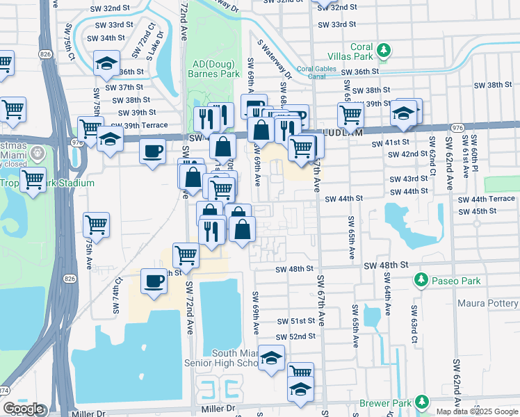 map of restaurants, bars, coffee shops, grocery stores, and more near 6880 Southwest 44th Street in Miami